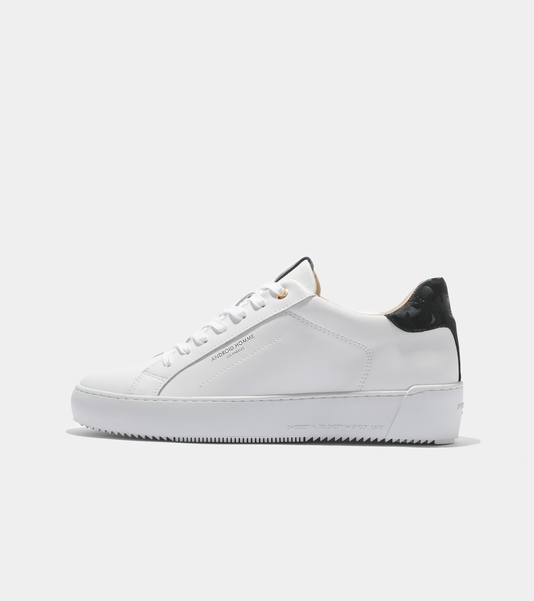 Ecom imagery of the Zuma White Black Leather Camo Android Homme Trainers.