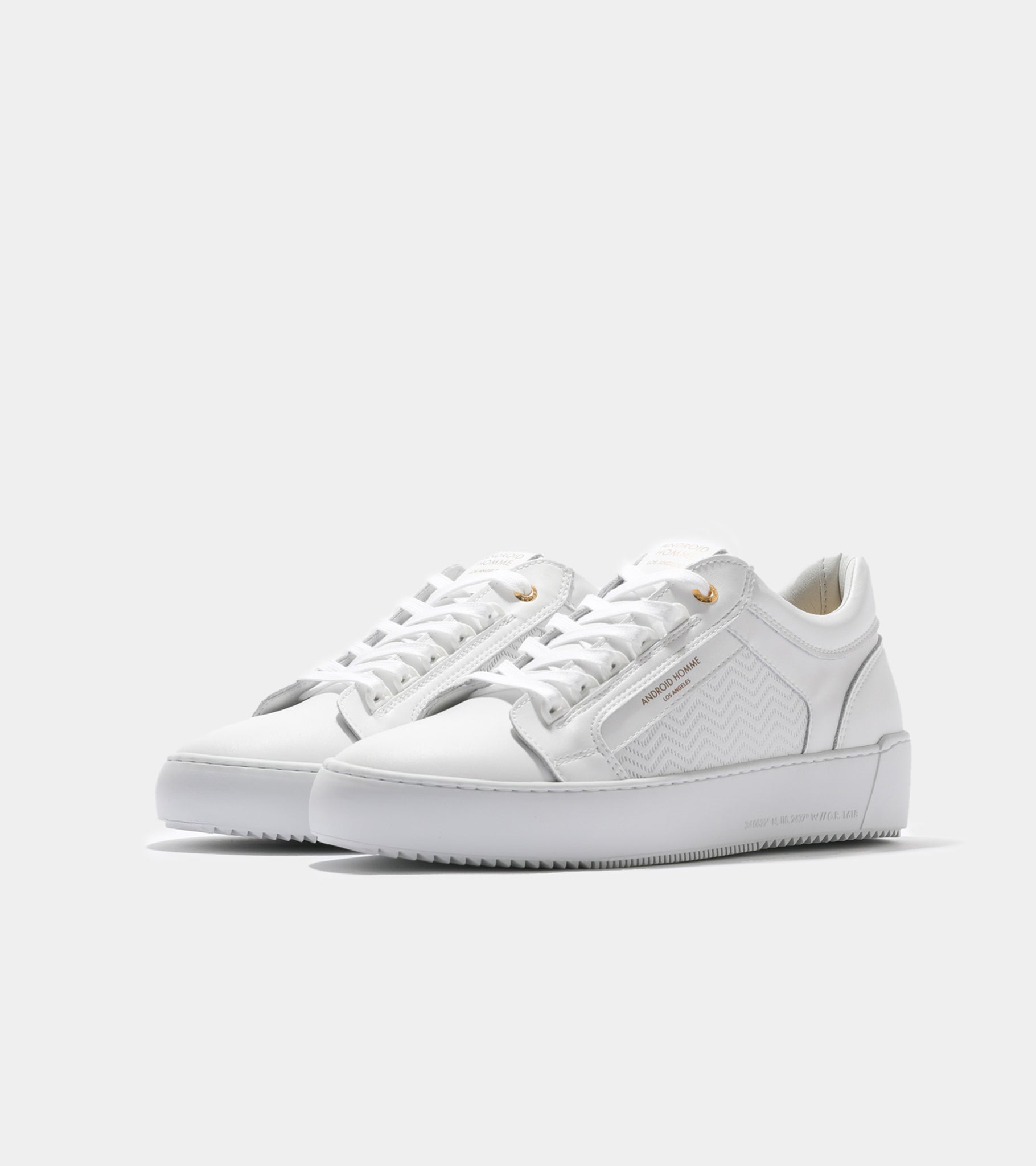 Ecom imagery of the Venice White Emboss Leather Android Homme Trainers.