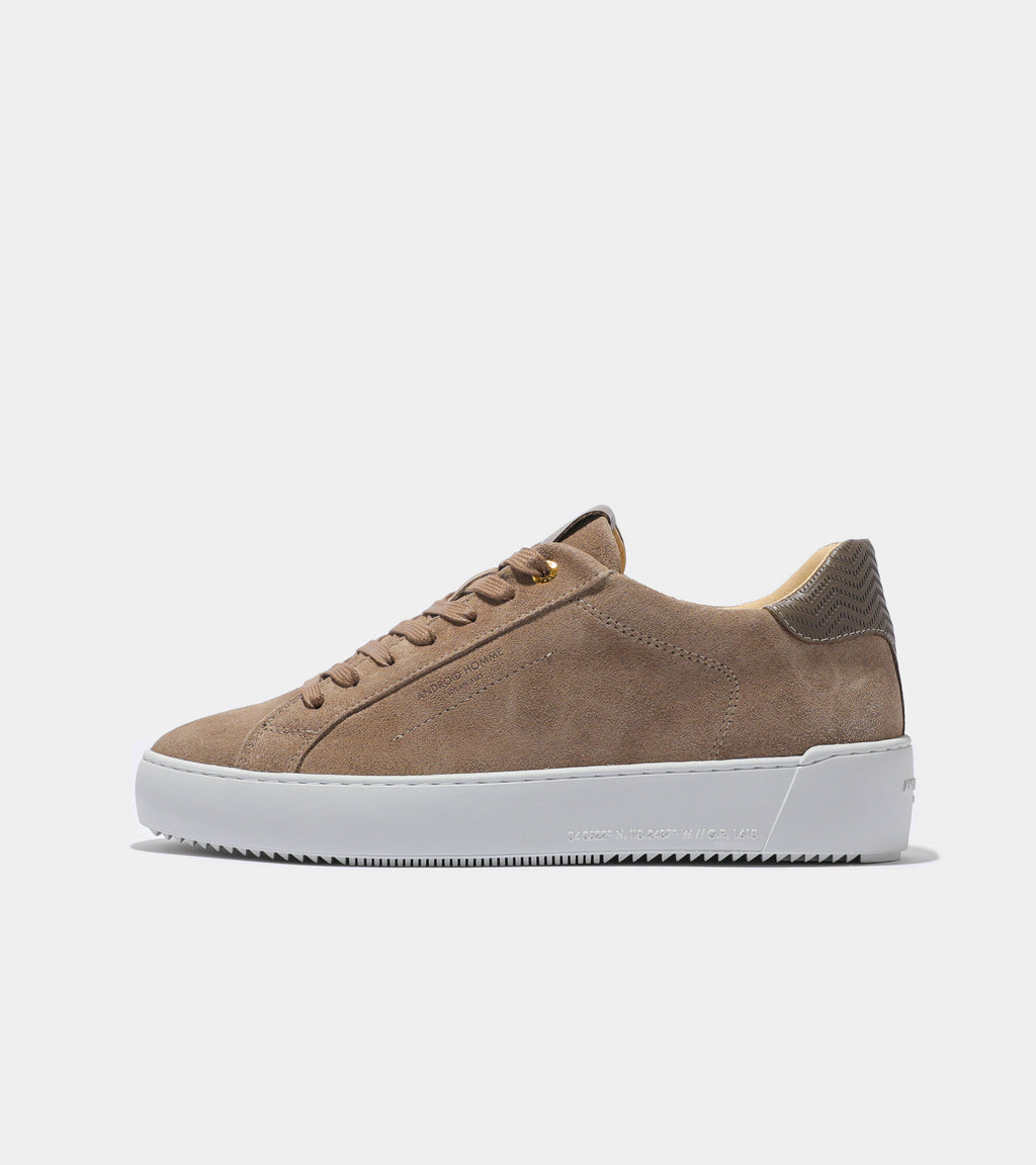 Ecom imagery of the Zuma Taupe Suede Zig Zag Leather Android Homme Trainers.