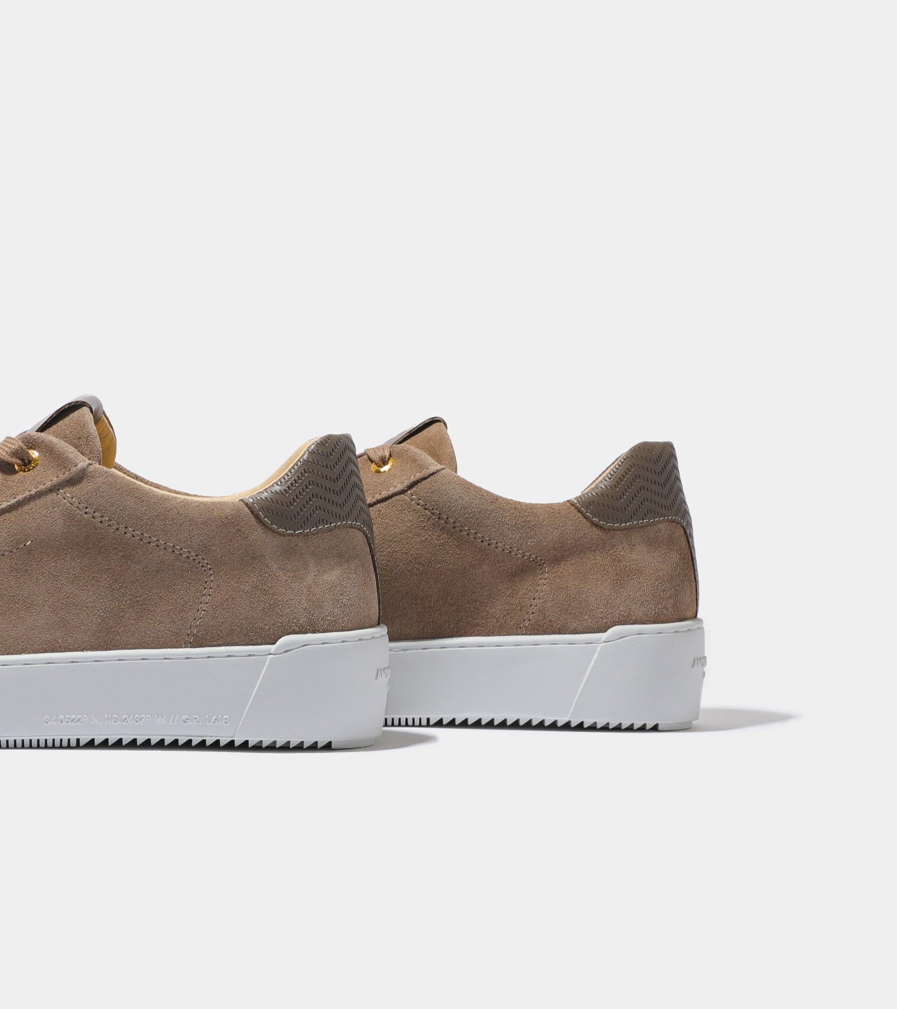 Ecom imagery of the heel on the Zuma Taupe Suede Zig Zag Leather Android Homme Trainers.