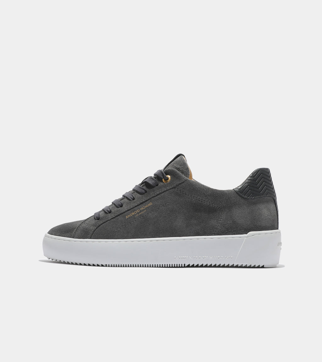 Ecom imagery of the Zuma Grey Suede Zig Zag Leather Android Homme Trainers.
