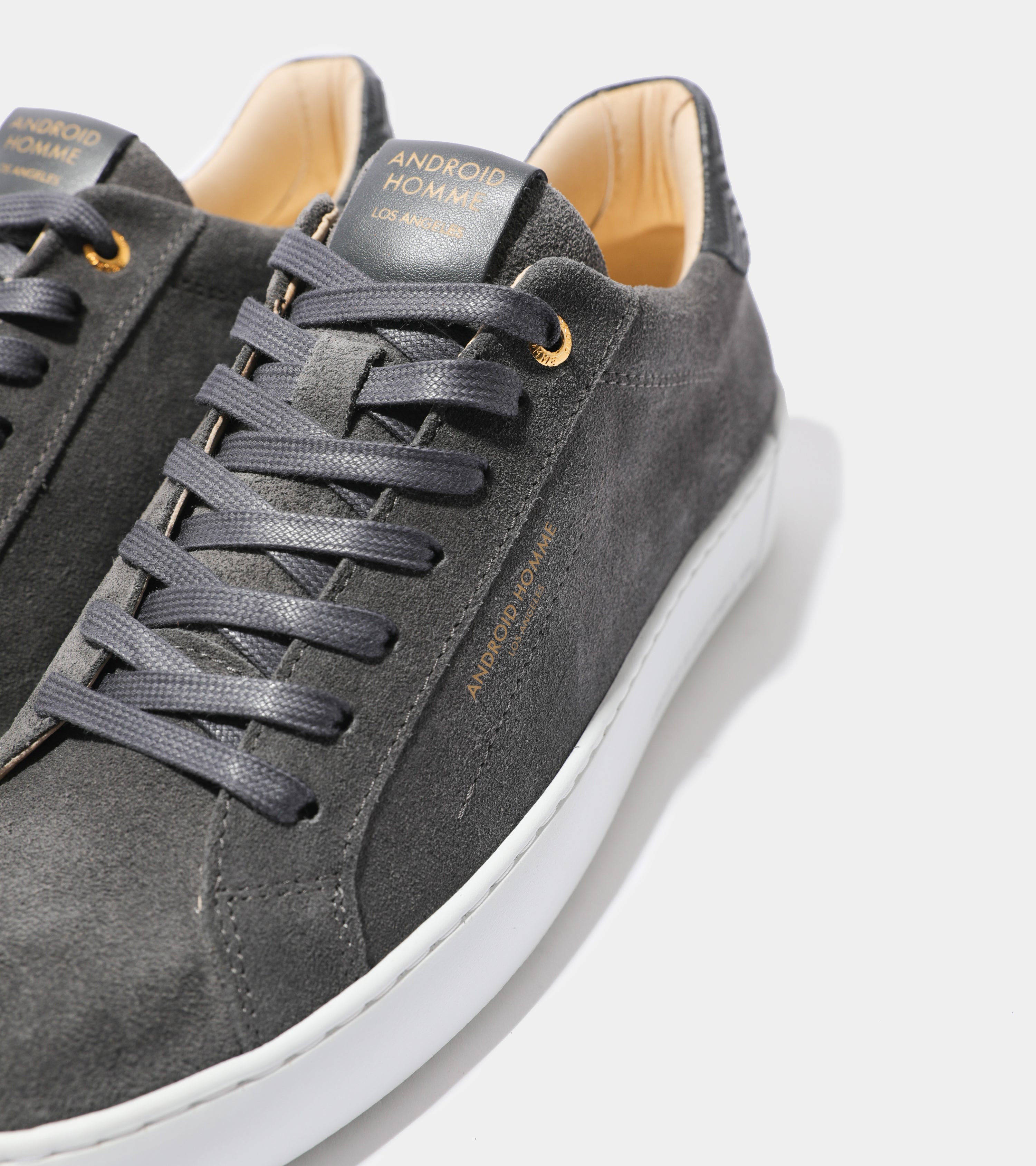 Detailed ecom imagery of the Zuma Grey Suede Zig Zag Leather Android Homme Trainers.