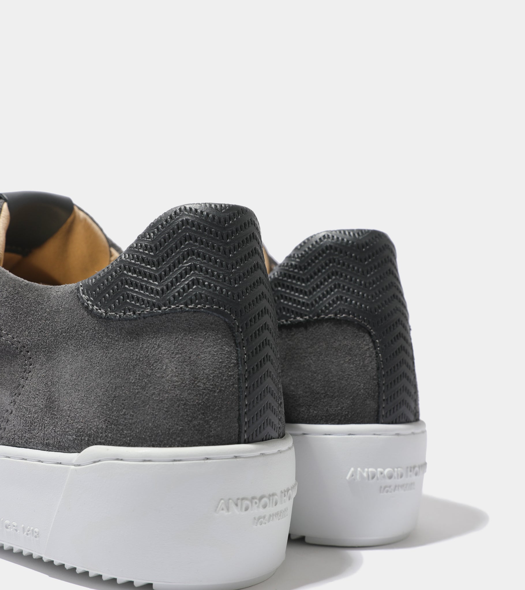 Detailed ecom imagery of the heel on the Zuma Grey Suede Zig Zag Leather Android Homme Trainers.