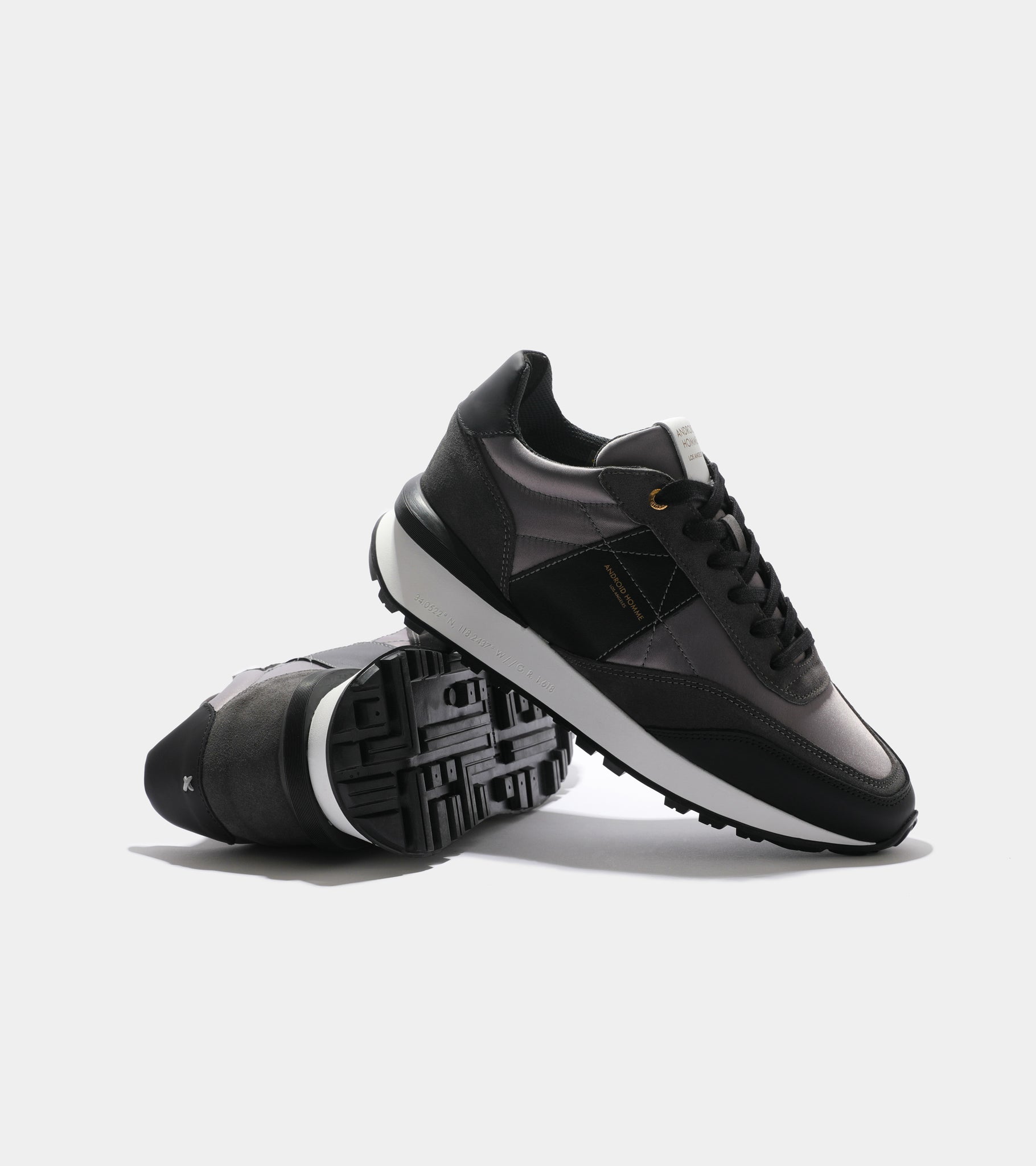 Ecom imagery of the Marina Del Rey Grey Nylon Black Suede Android Homme Trainers.